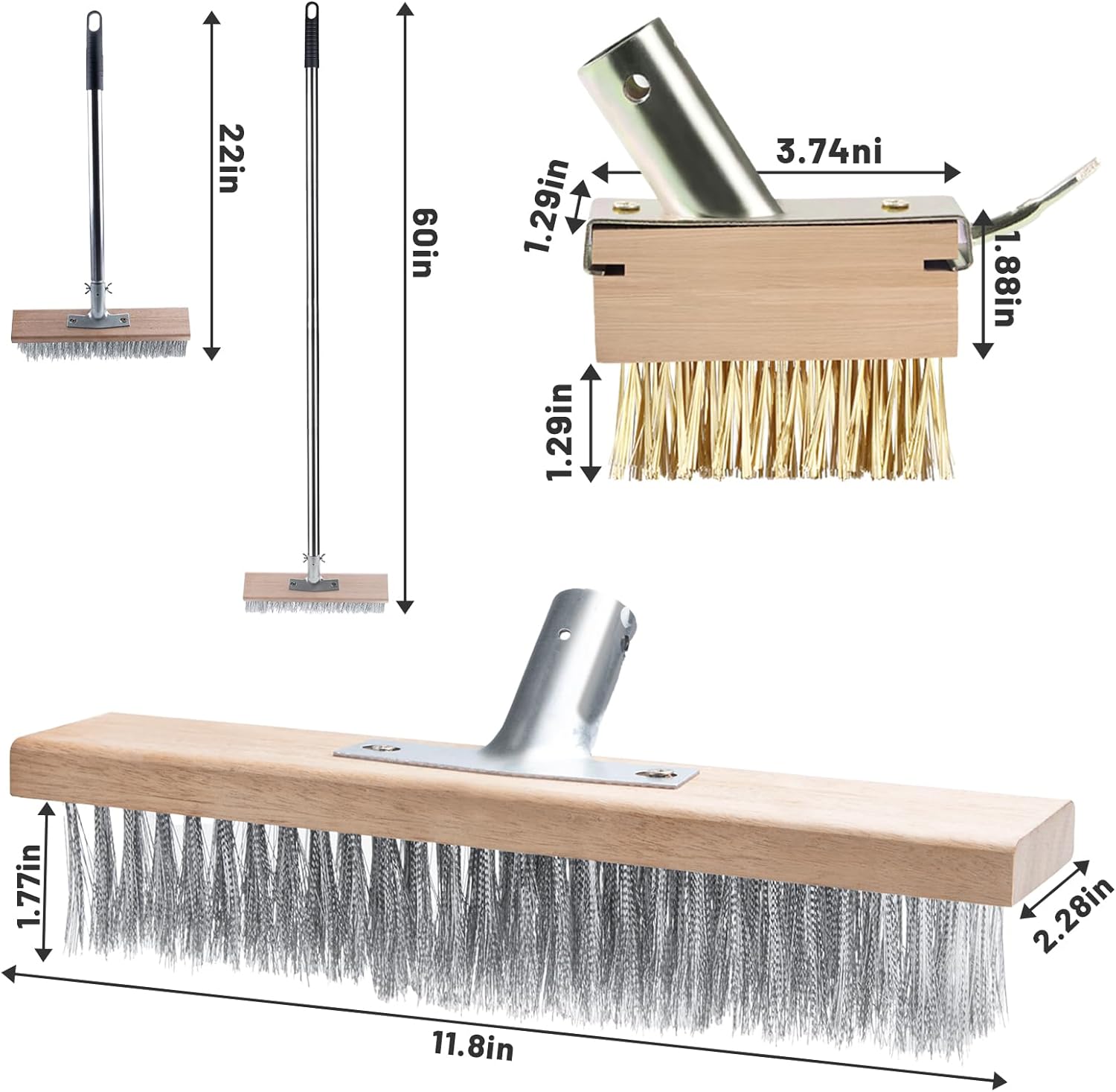 DAZUINIAO Deck Brush Stainless Steel Floor Scrub Wire Broom Heavy Duty Multipurpose Cleaning Brushes with Stiff Bristle Long Handle(4 Section Detacble Pole) and 1pc Samll Bristal(Relpace)